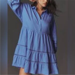 Anthropologie Maeve Bettina Tiered Mini Shirt Dress Linen Edition Small